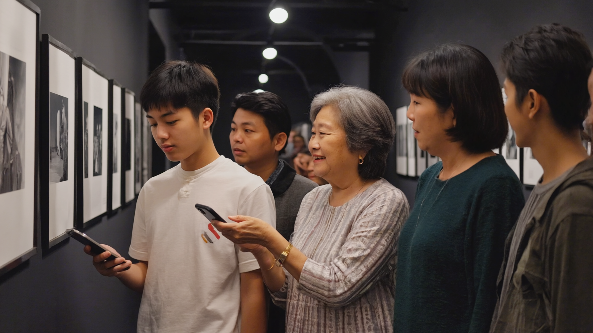 Gen4 A group of people young and old hip looking in a museum one is using their ph a 2 12981397