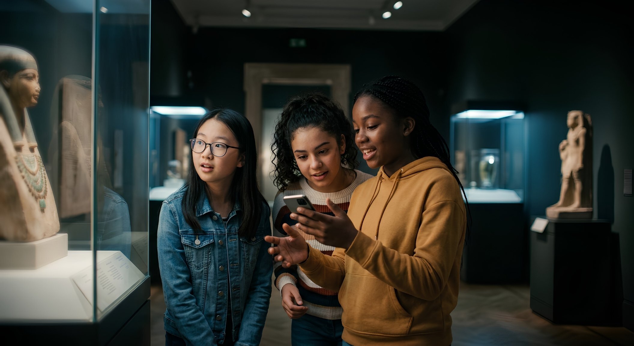 Three young women explore ancient artifacts in a dimly lit museum while one shows information on her smartphone.